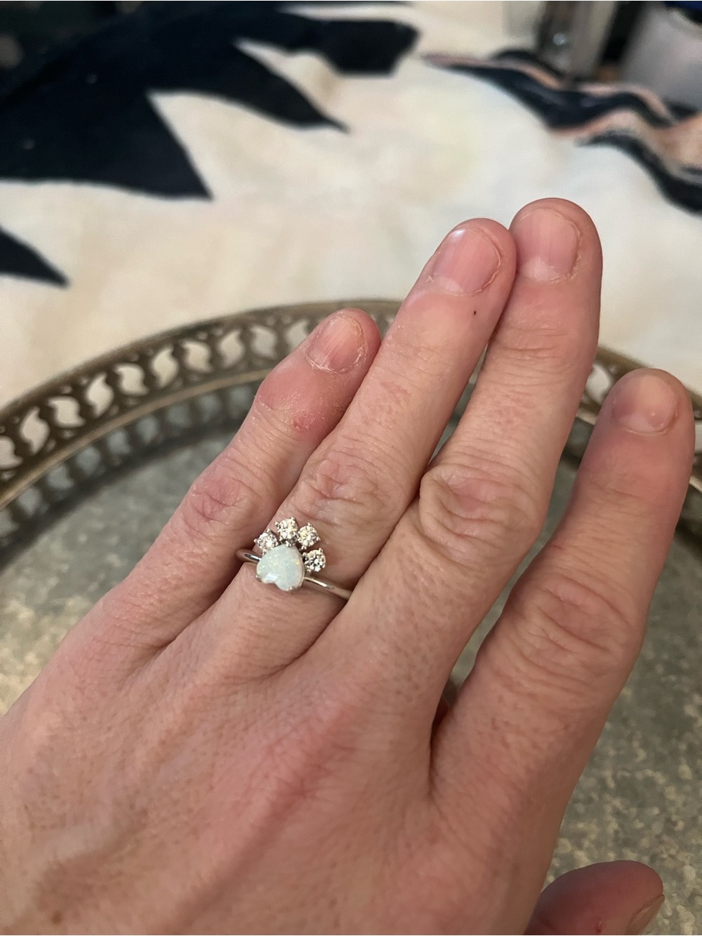 Opal and Cubic Zirconia White Gild Filled Paw Print Ring - White Opal Accent - Picture 1 of 5